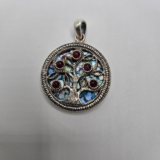 Sterling Silver Roman Glass Tree of Life With Garnet Pendant.