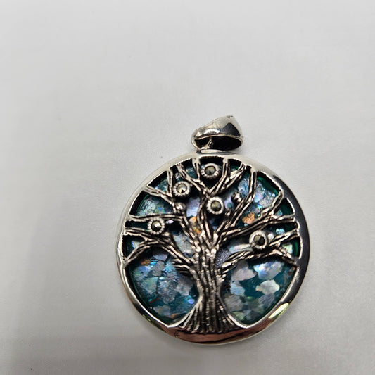 Sterling Silver Roman Glass Tree of Life With Silver Pendant.