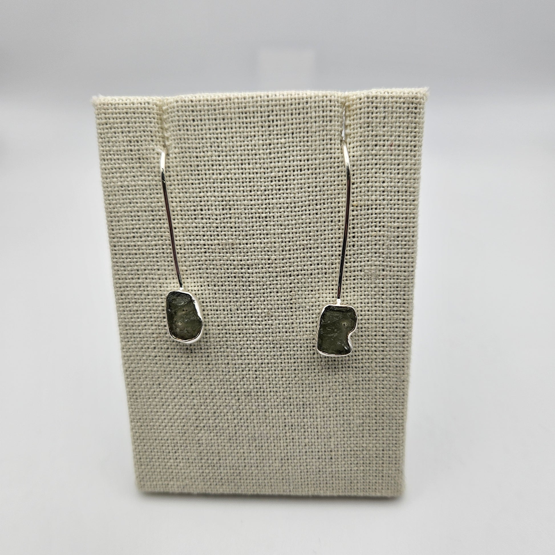 Sterling Silver Rough Moldavite Stick Earrings.