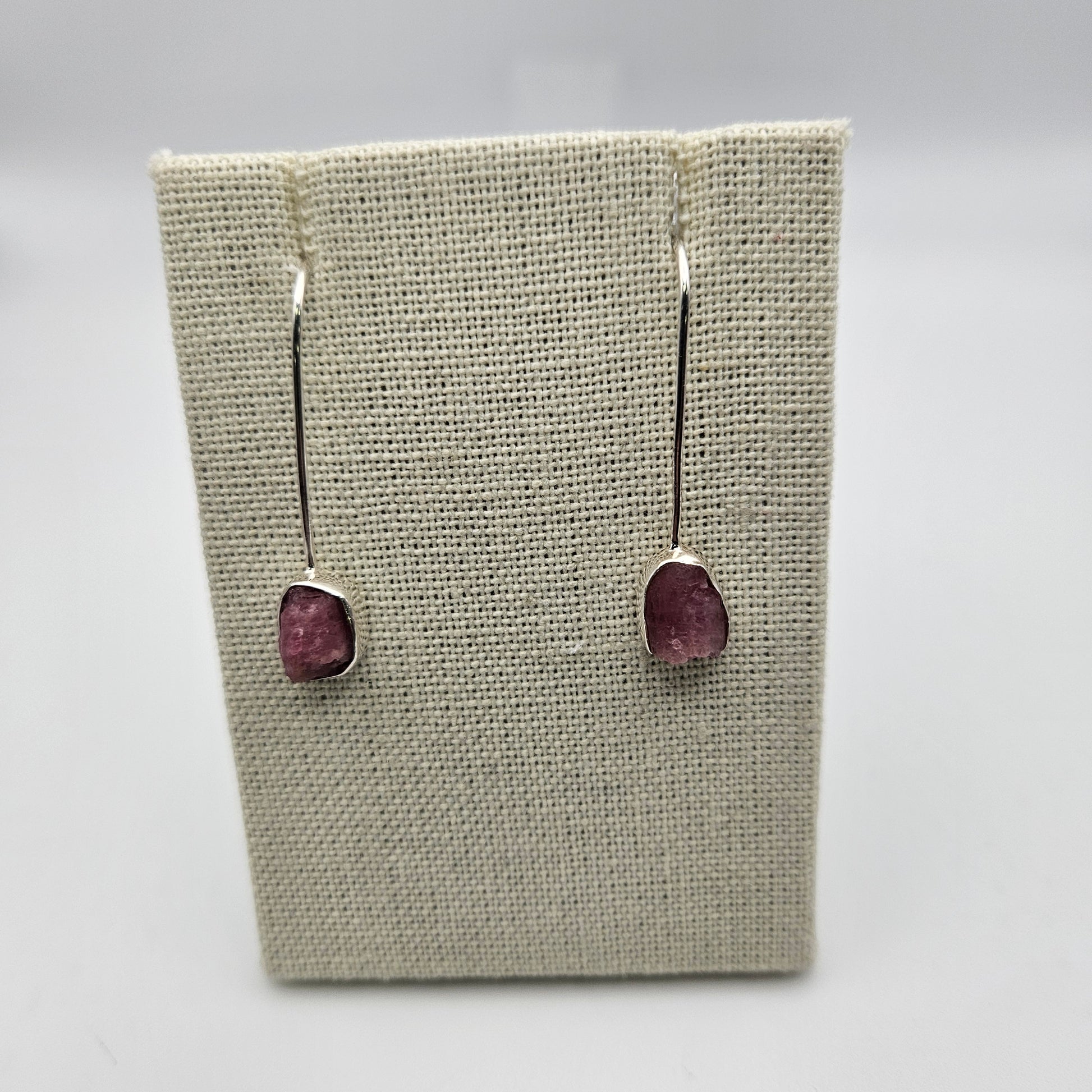 Sterling Silver Rough Pink Tourmaline Stick Earrings.