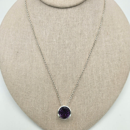 Sterling Silver Round Bezel Cut Amethyst Box Necklace Adjustable 18 inch.