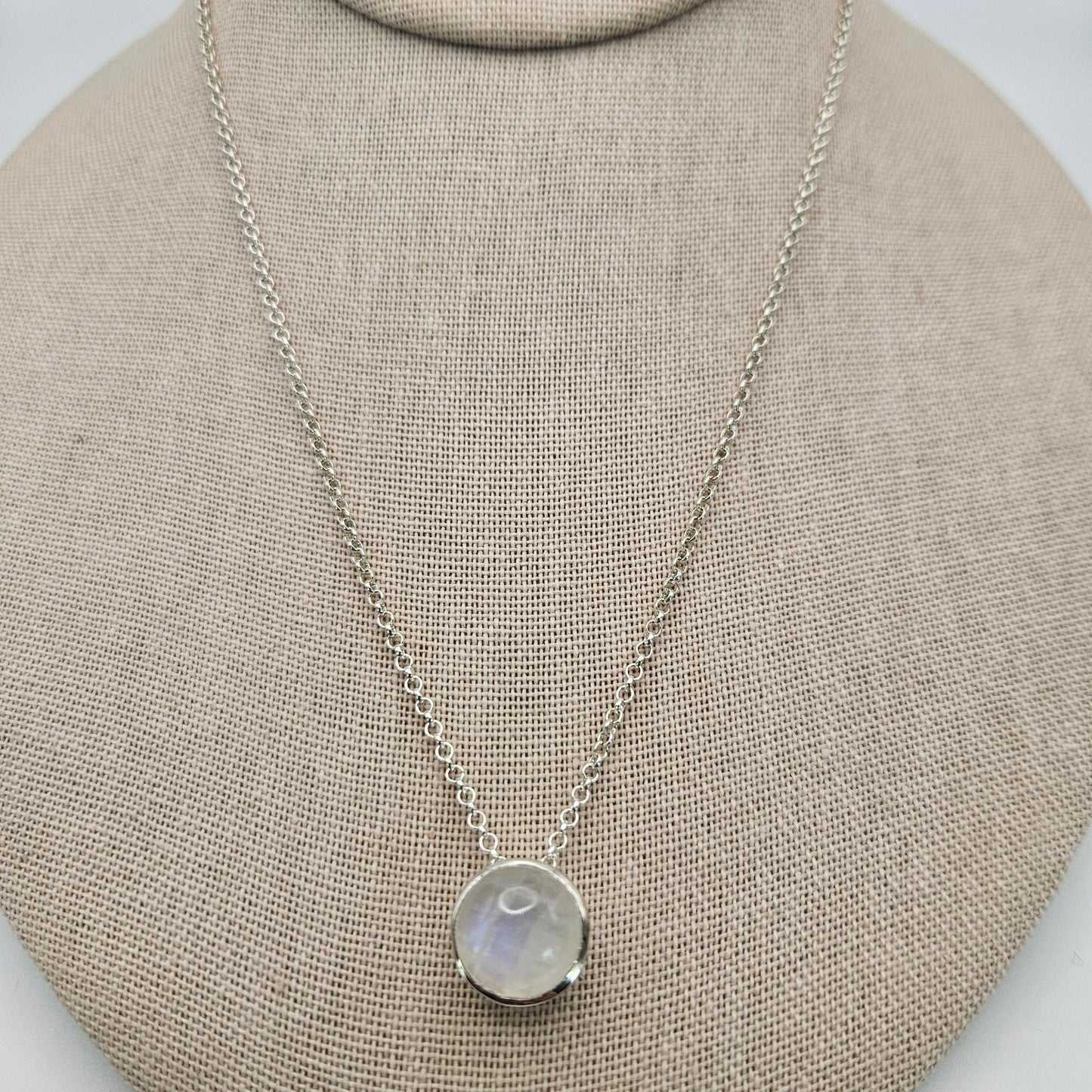 Sterling Silver Round Bezel Cut Moonstone Box Necklace Adjustable 18 inch.