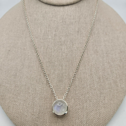 Sterling Silver Round Bezel Cut Moonstone Box Necklace Adjustable 18 inch.