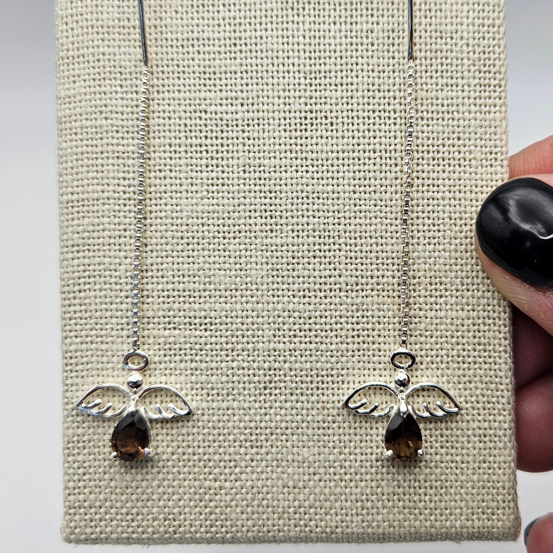Sterling Silver Smokey Quartz Angel Threader Earrings 2 inch.