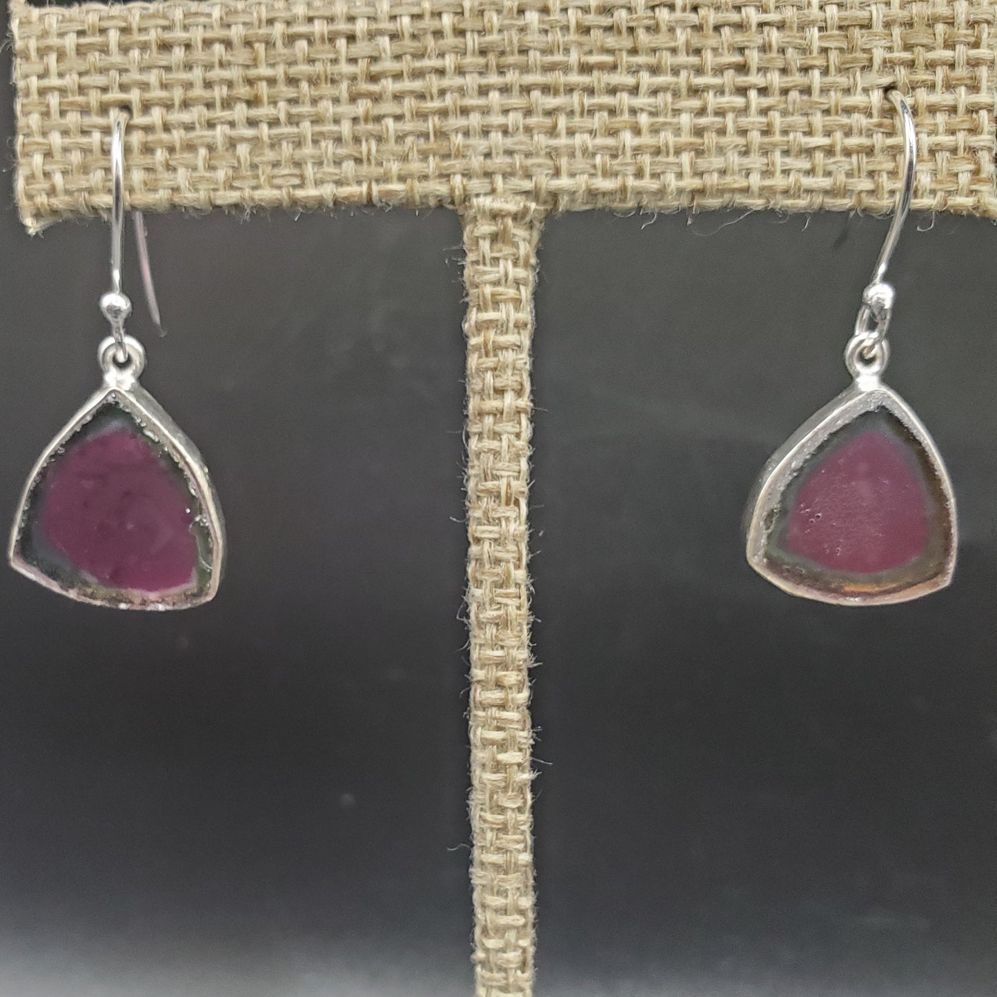 Sterling Silver Synthetic Watermelon Tourmaline Slice Earrings.