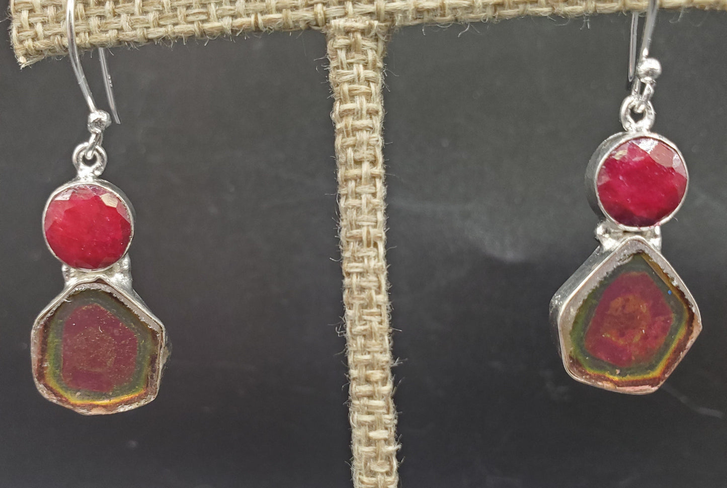Sterling Silver Synthetic Watermelon Tourmaline Slice & Gemstone Earrings.