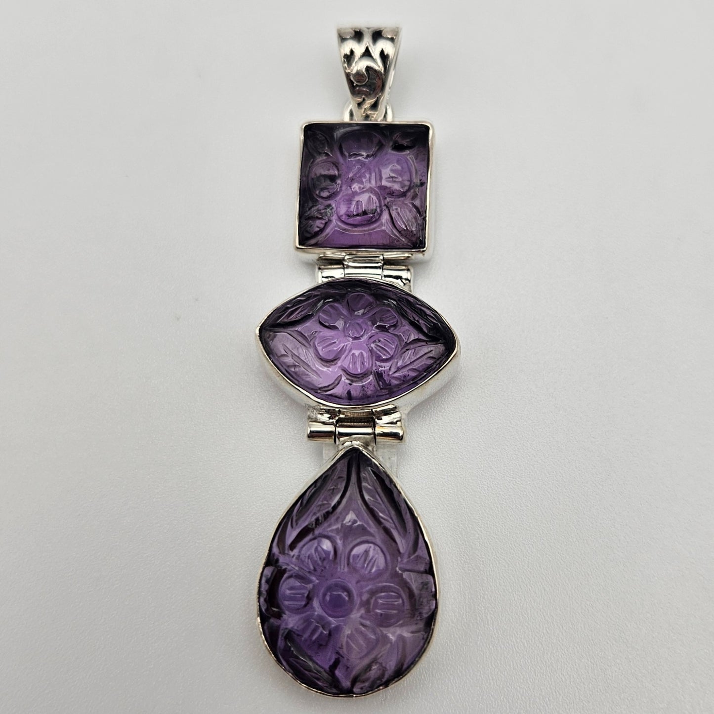 Sterling Silver Three Stone Carved Amethyst Pendant 2.5 inch.