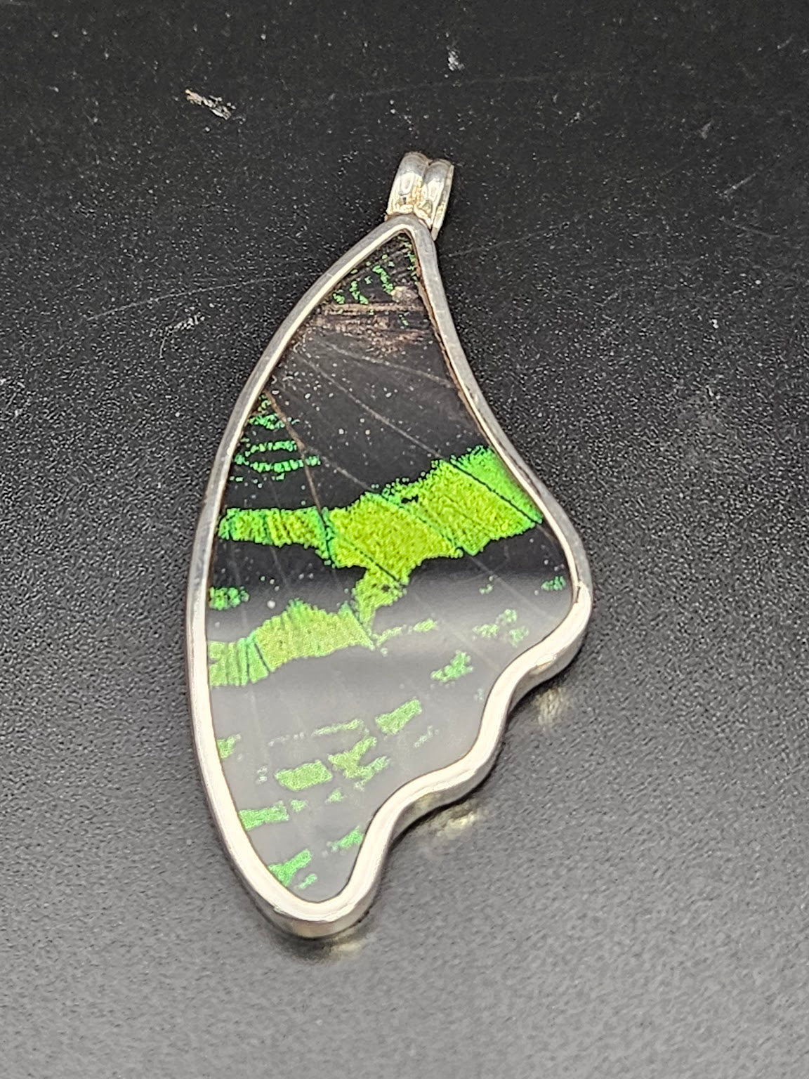 The Sterling Silver Triangle Butterfly Wing Pendant showcases exquisite jewelry art with its vibrant green and black patterns. Set in a silver frame and placed on a dark surface, this masterpiece captures the enchanting beauty of a butterfly sanctuary.