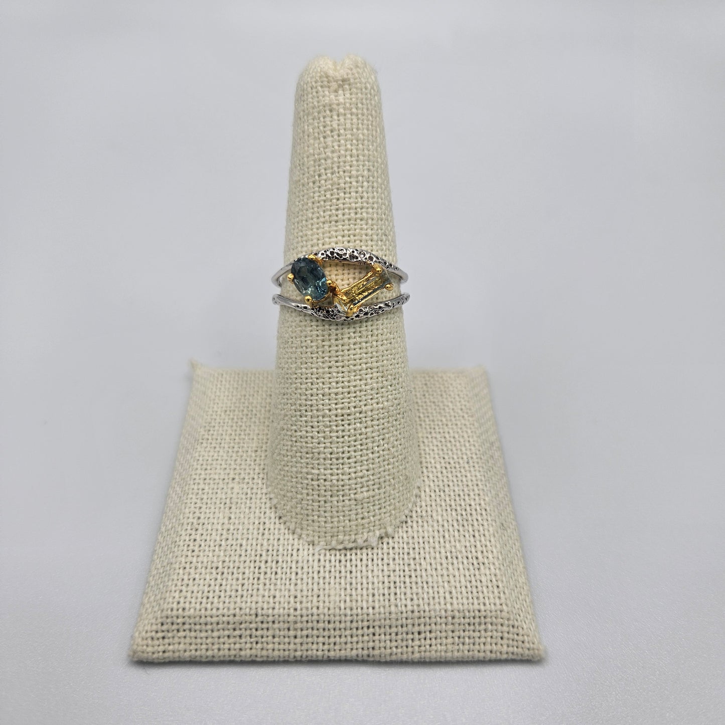 Sterling Silver with Rhodium Yellow Gold Aquamarine Sapphire Ring Size 7.