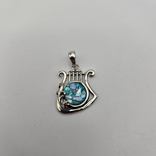 Sterling Silver Roman Glass Round Harp Pendant.