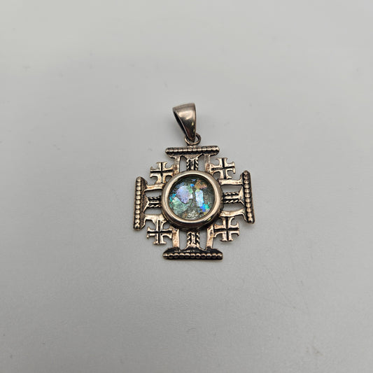 Sterling Silver Roman Glass Square Cross Pendant.