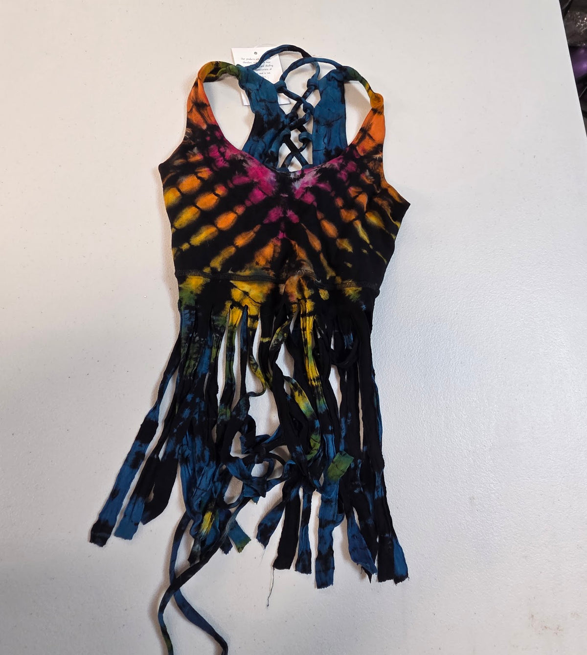 Tie-Dye Fringe Crop-Top Black.