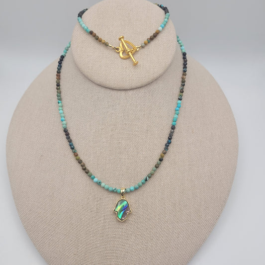 Turquoise And Abalone Hamsa Necklace.