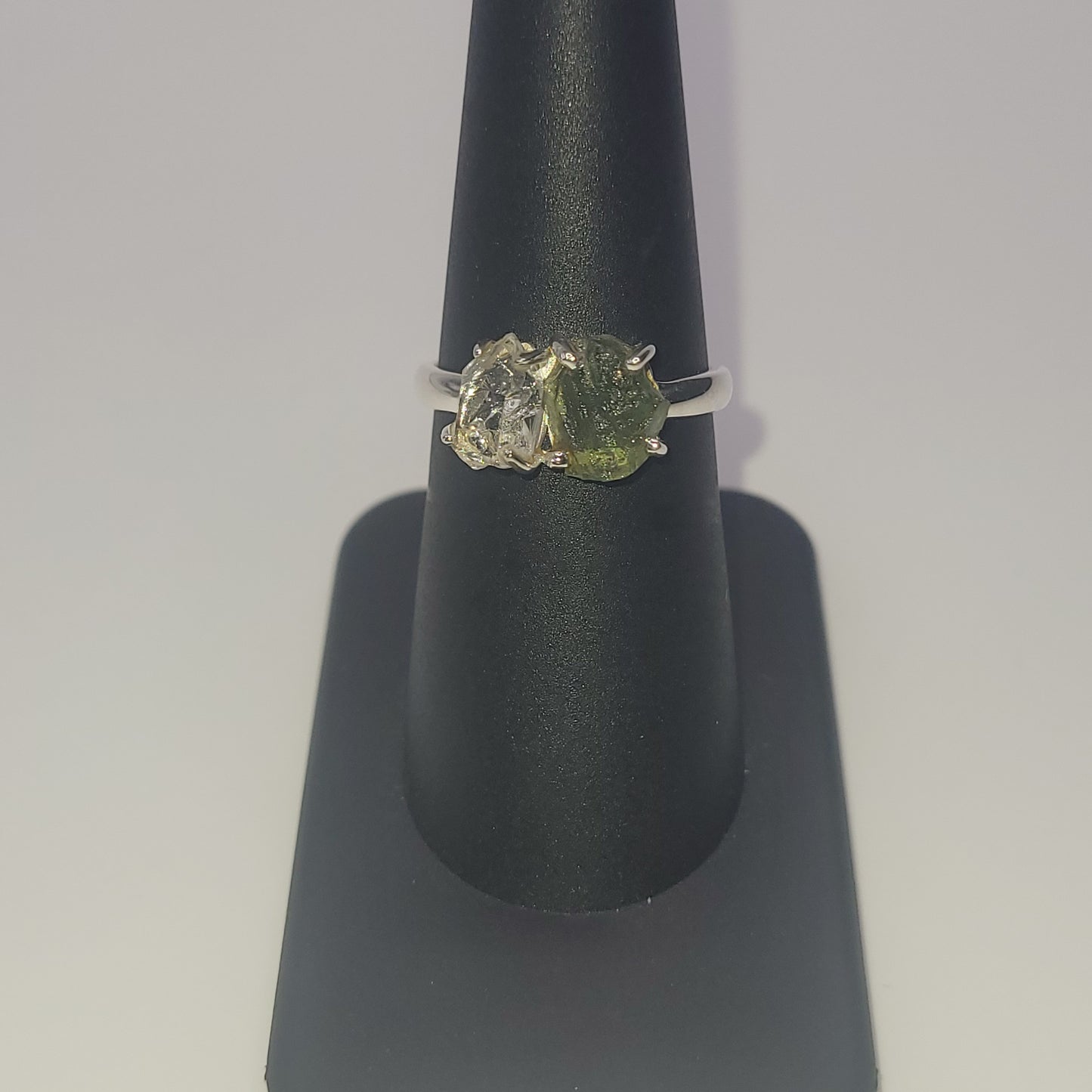 Unique Sterling Silver Moldavite Pakimer Diamond Ring.
