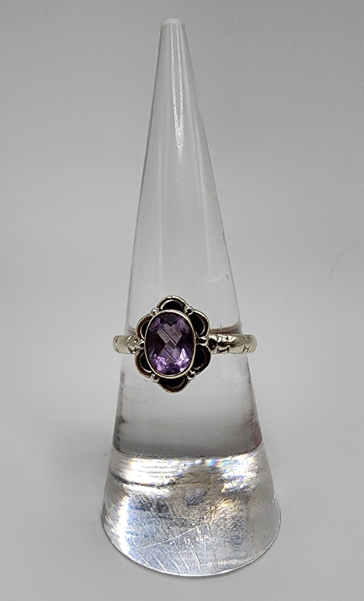 SS Floral Design Ring Amethyst With Elegant Floral Design.