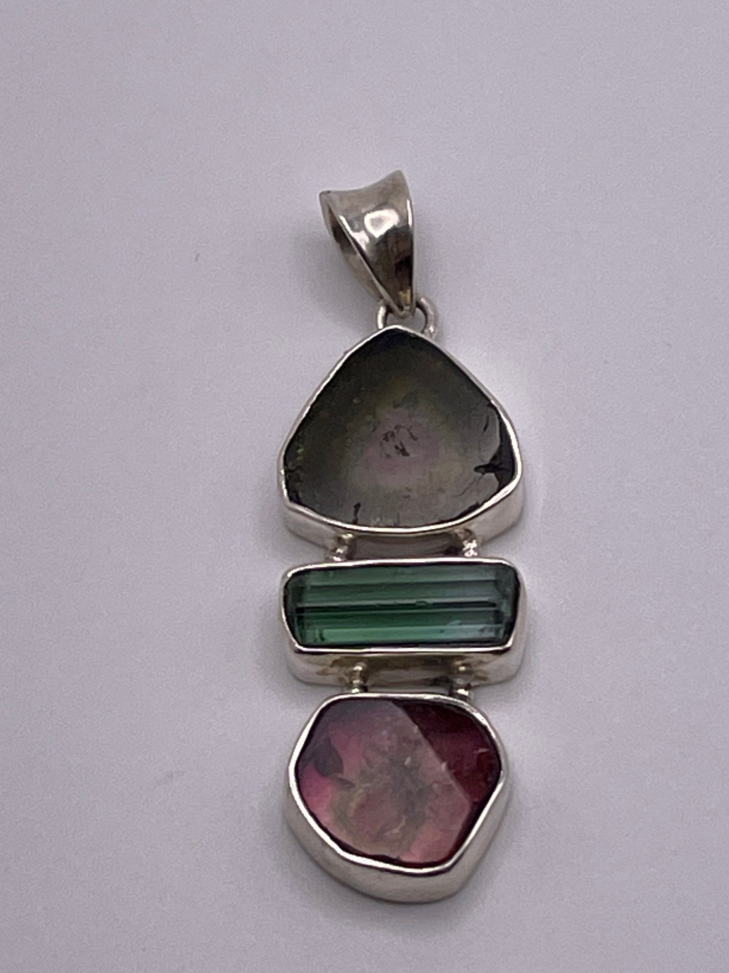 Watermelon Tourmaline 3 Drop Sterling Silver Pendant Green.