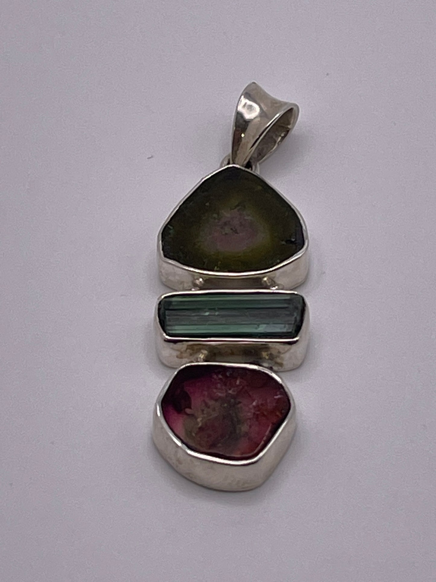 Watermelon Tourmaline 3 Drop Sterling Silver Pendant.