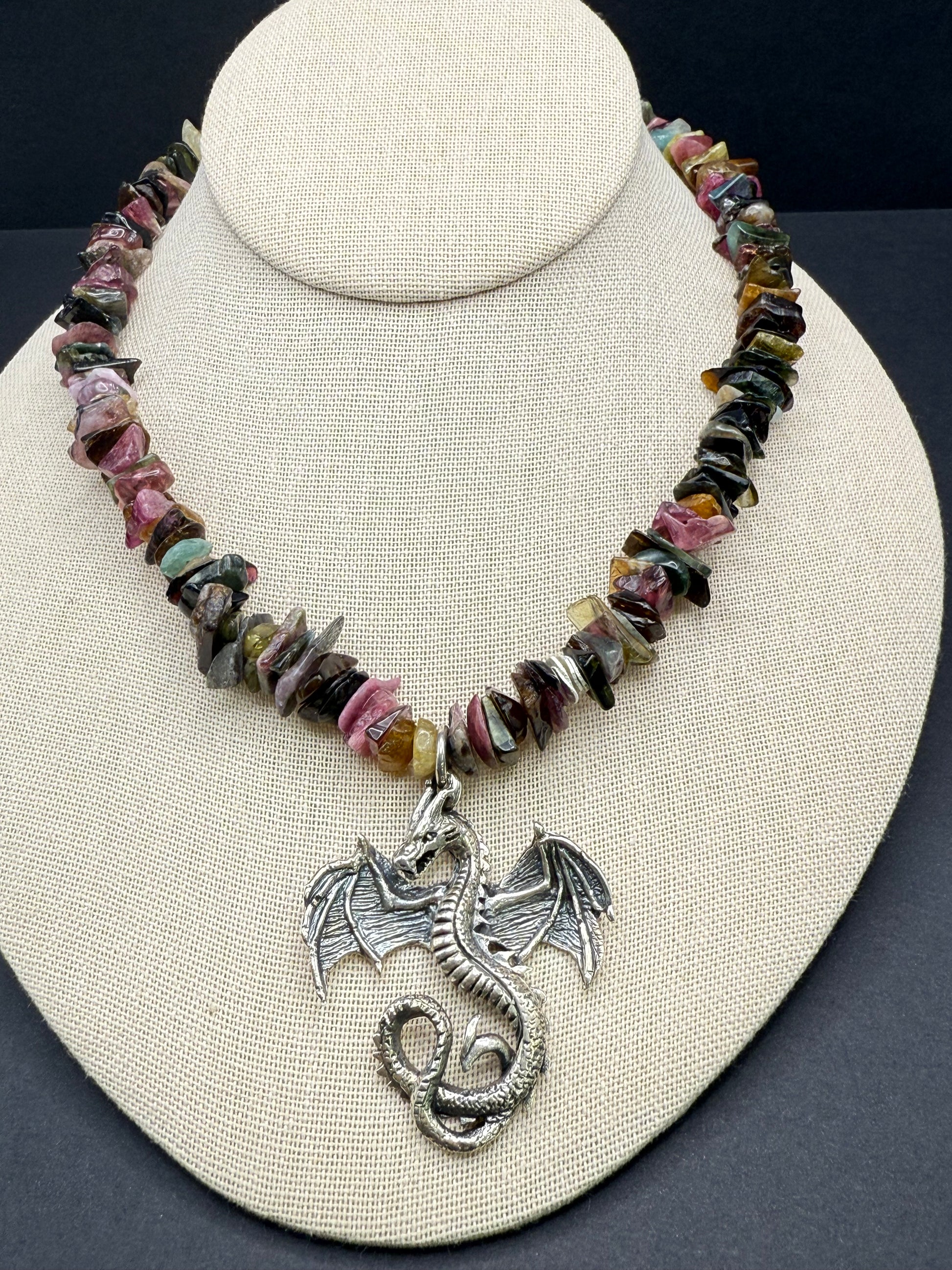 Watermelon Tourmaline Dragon statement necklace.