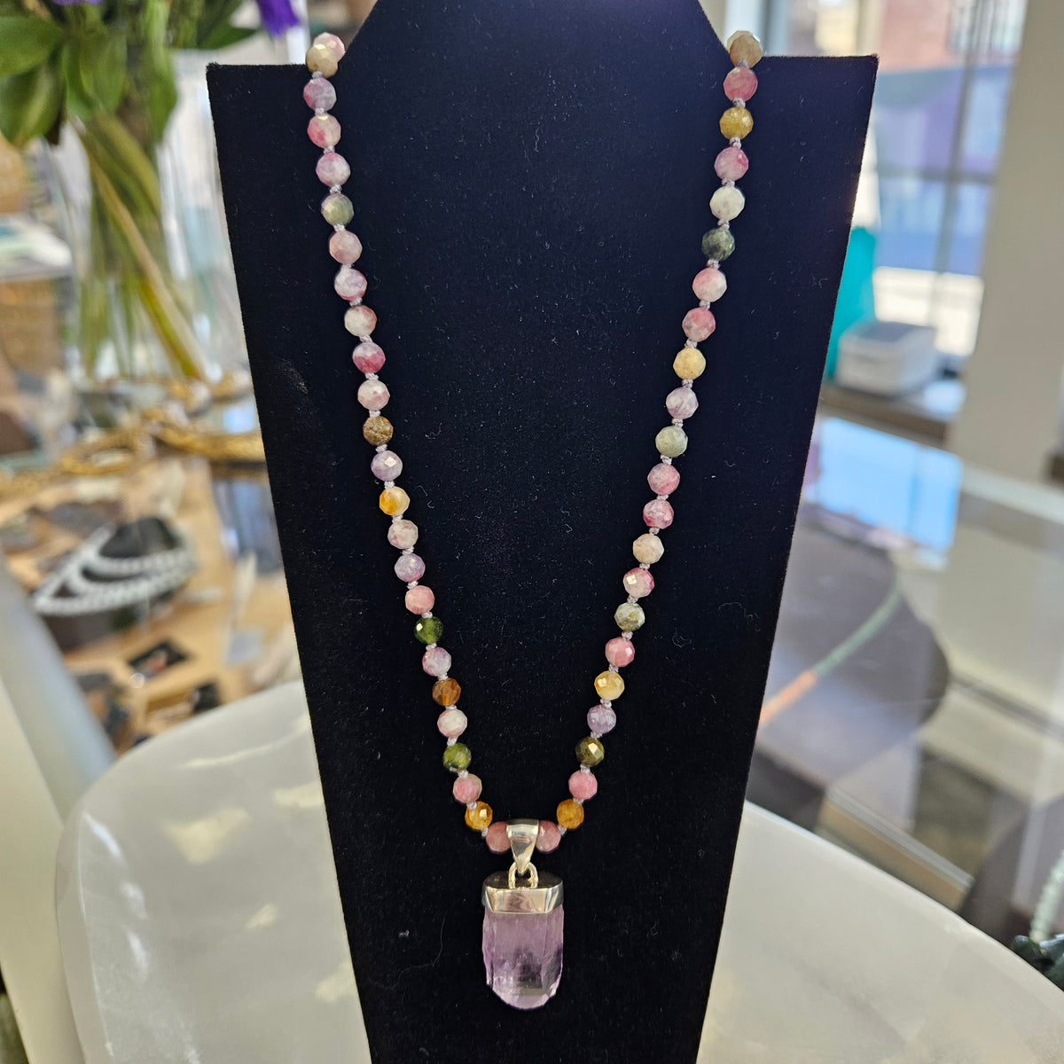 Watermelon Tourmaline Knotted Necklace.