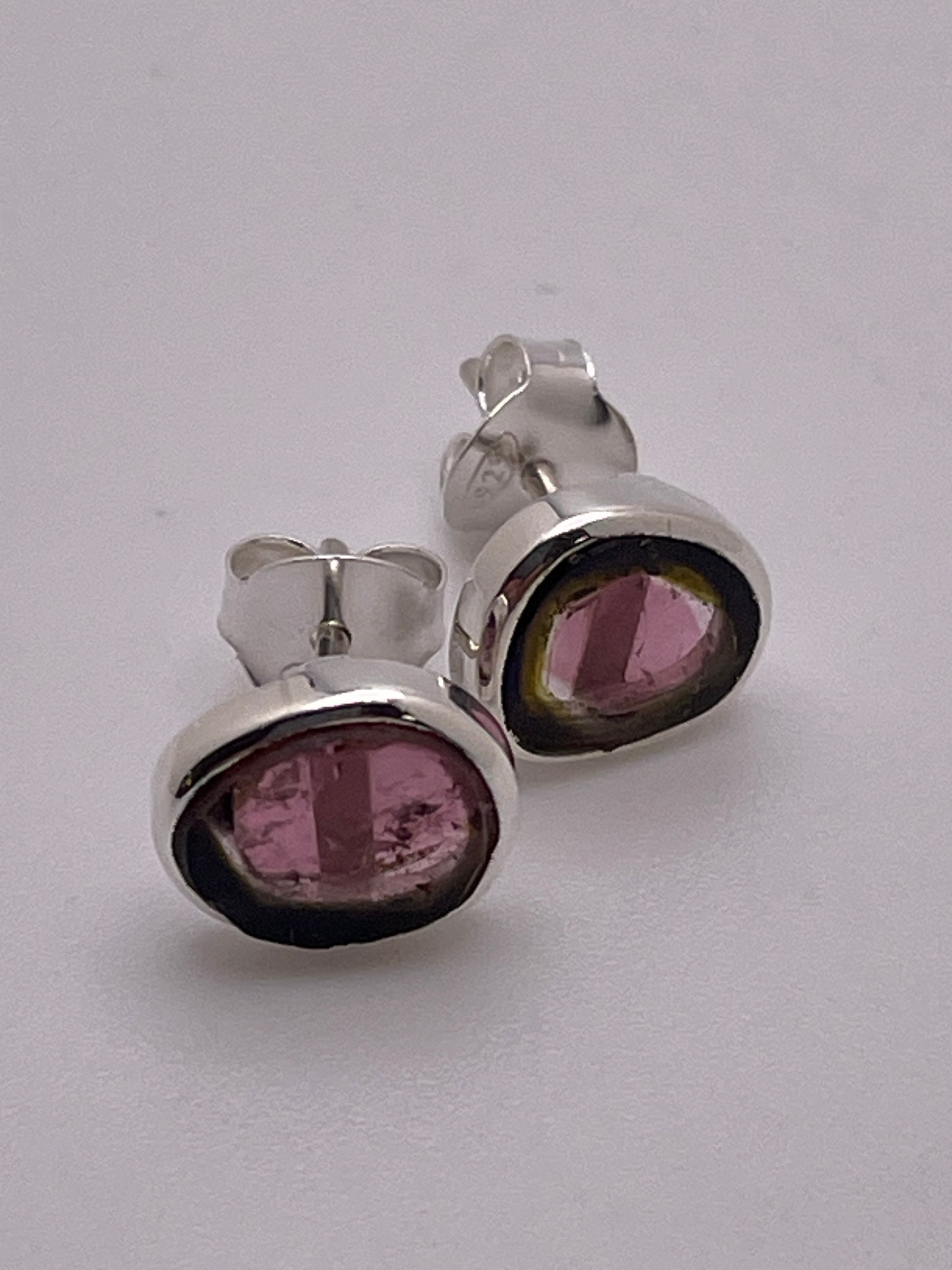 Watermelon Tourmaline Round Sterling Silver Stud Earrings.
