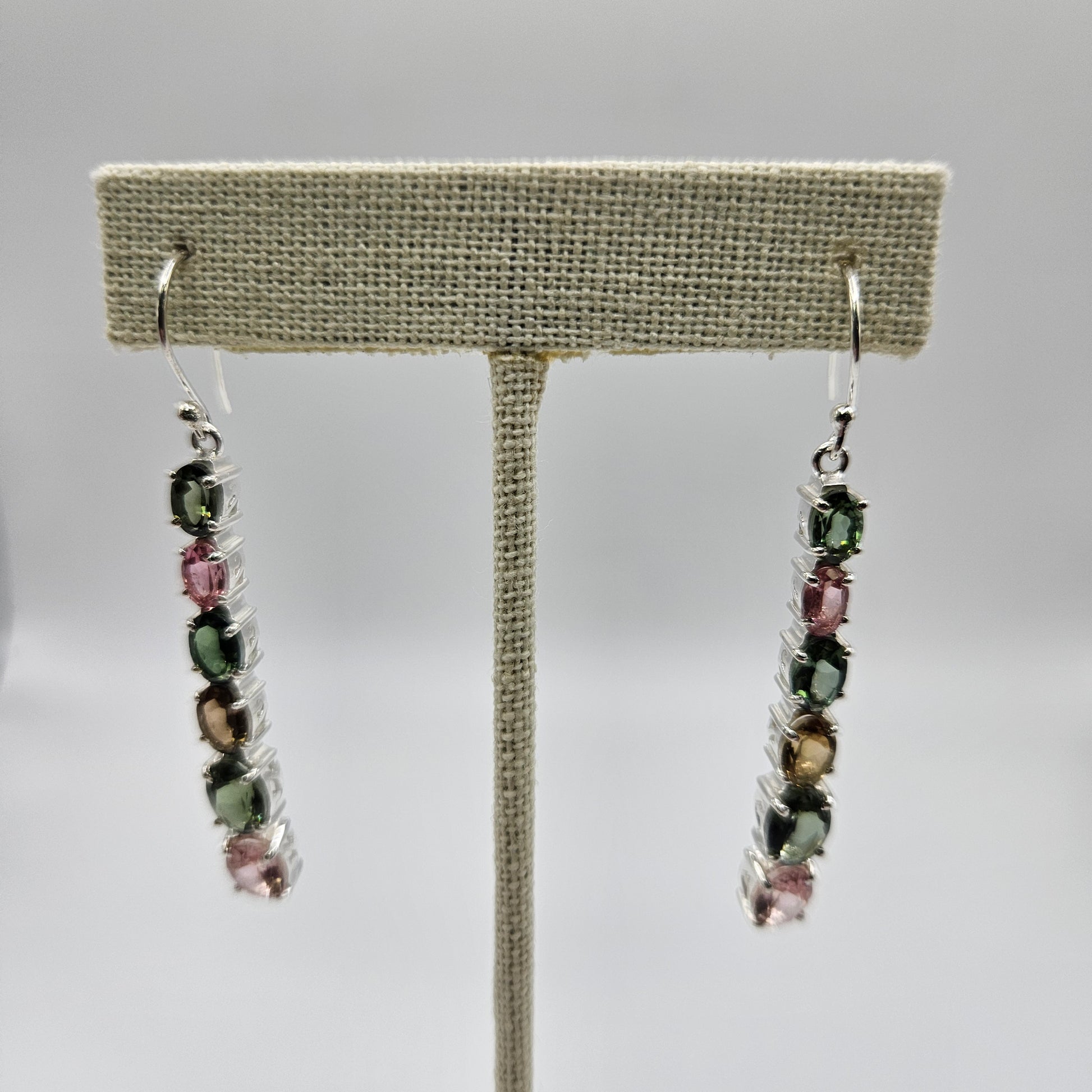 Watermelon Tourmaline Six Stone Sterling Silver Faceted Dangle Earrings.