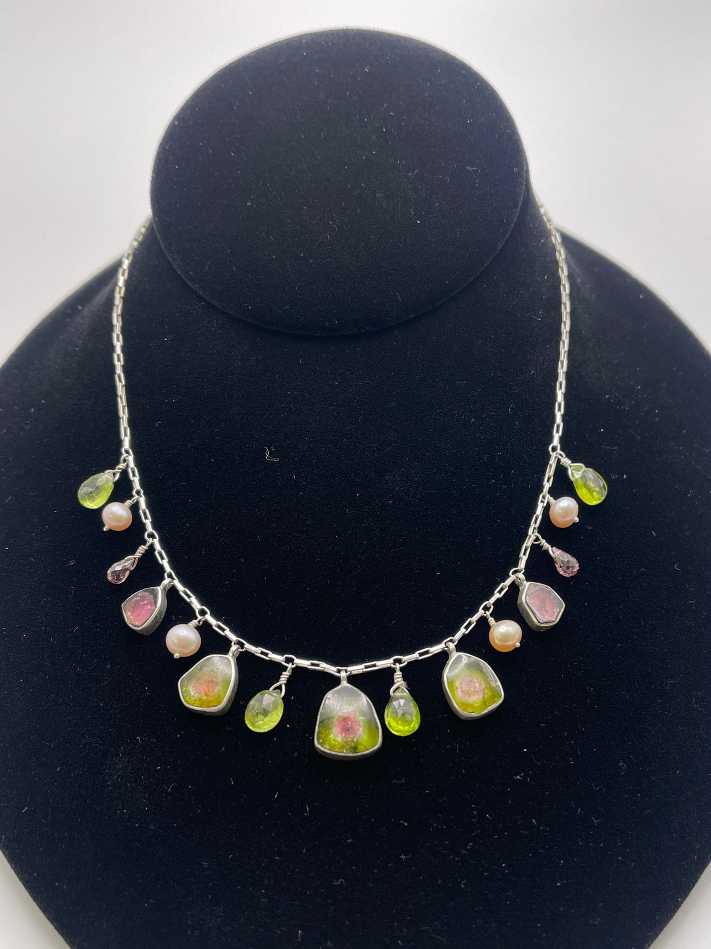 Watermelon Tourmaline Sliced Drop Necklace.