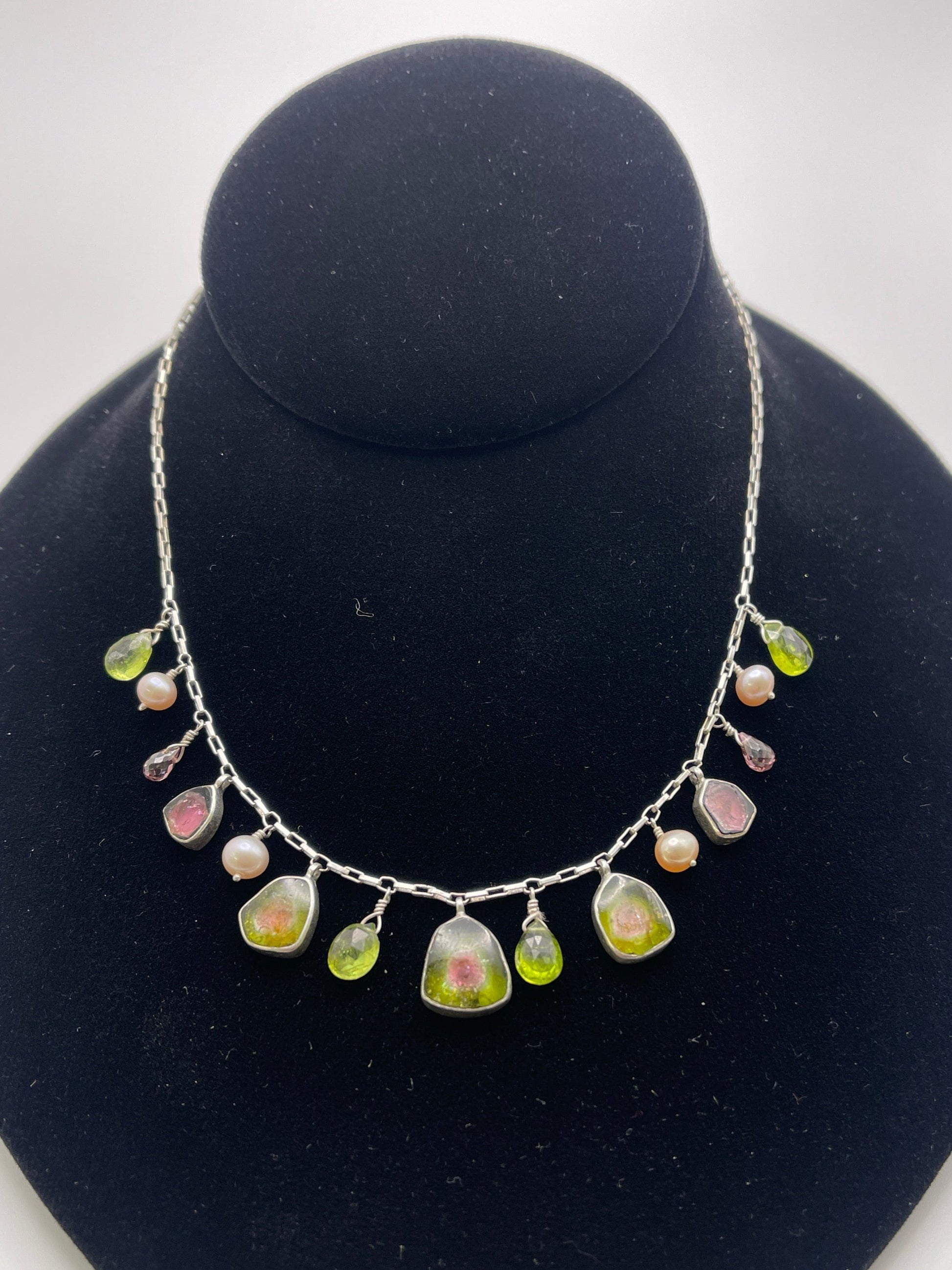 Watermelon Tourmaline Sliced Drop Necklace.