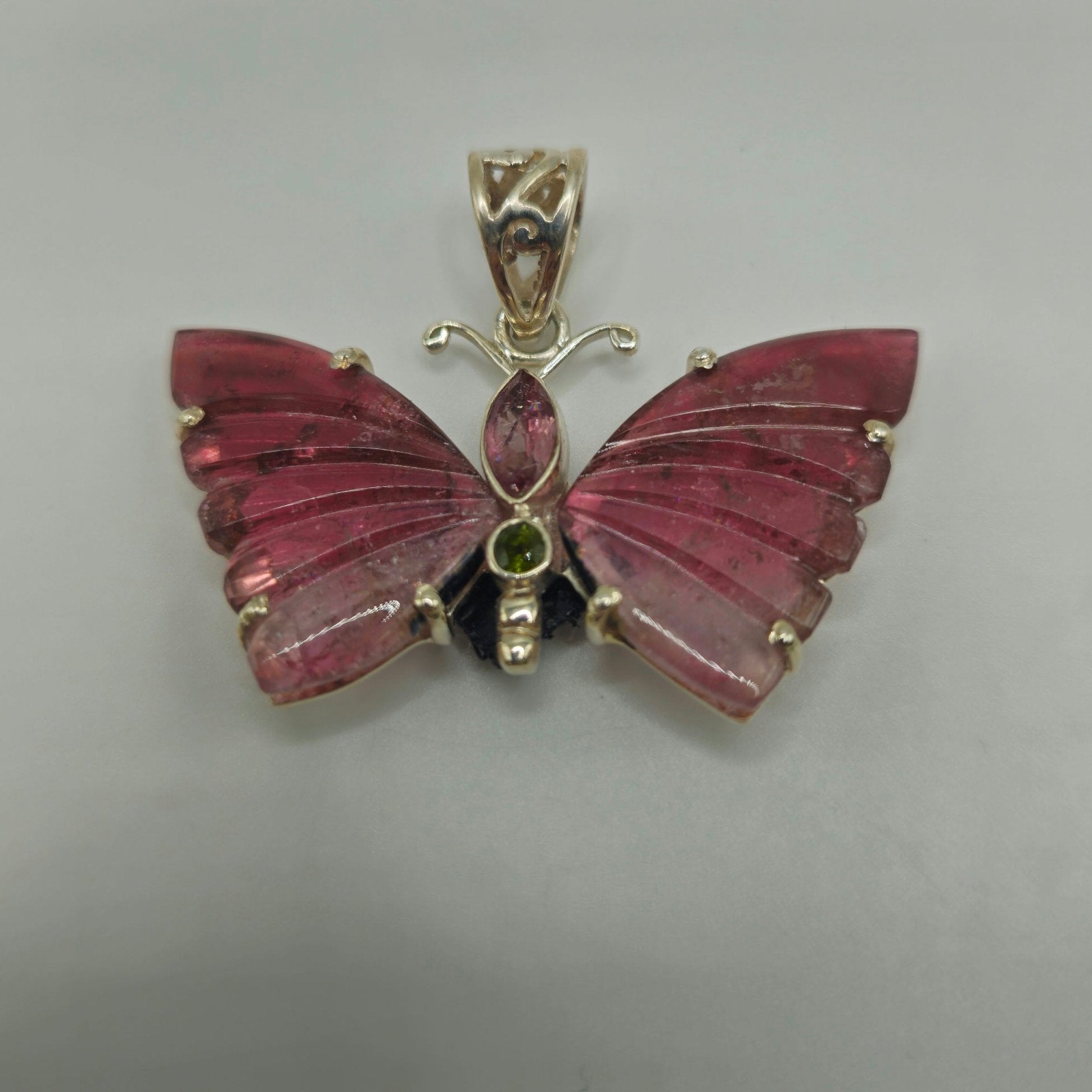 Watermelon Tourmaline Sterling Silver Carved Butterfly Pendant.