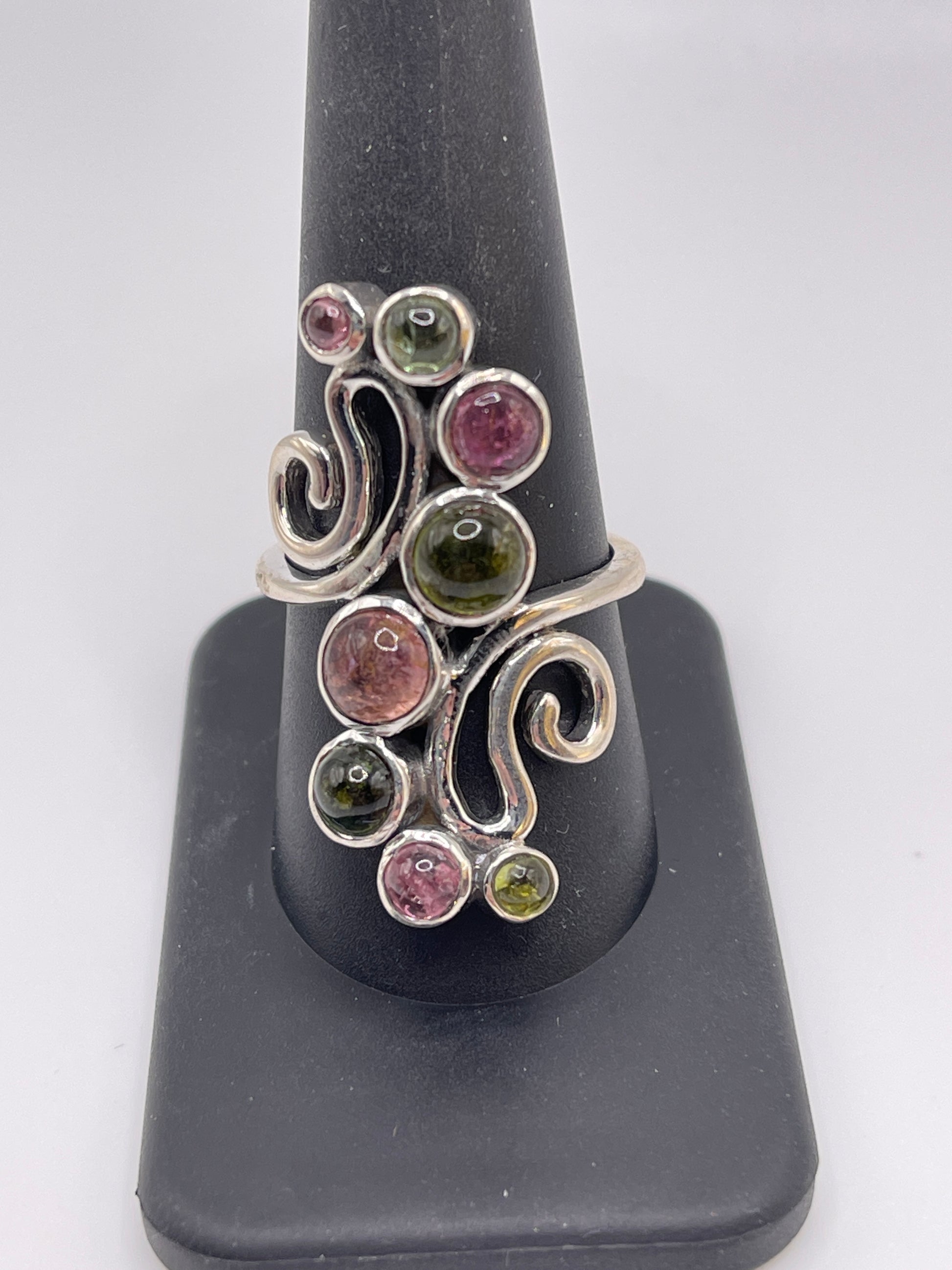 Watermelon Tourmaline Swirl Multi Stone Statement Ring.