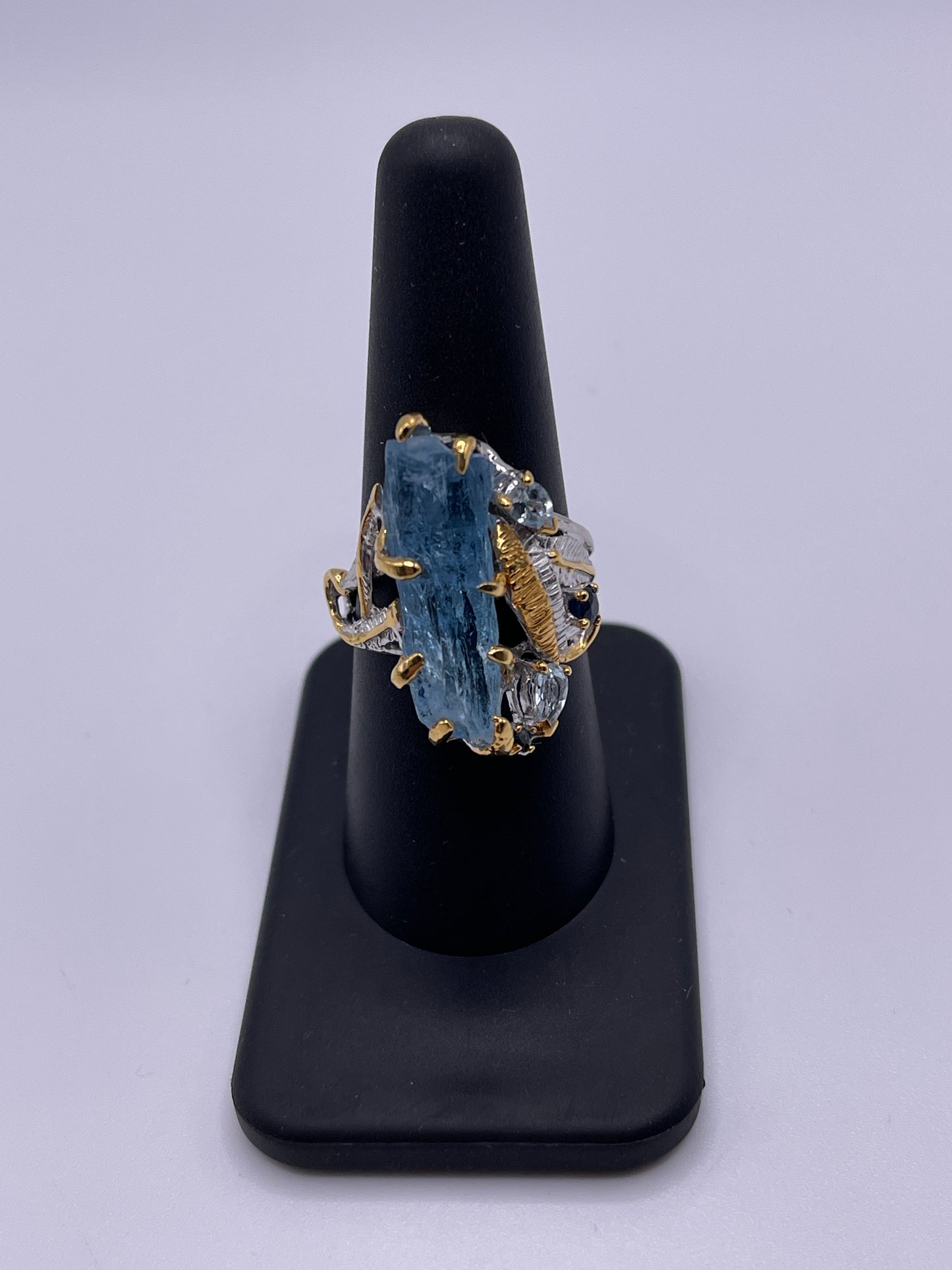 Aquamarine Rough Free Form with Blue Topaz and Blue Sapphire Designer Sterling Silver Vermeil Ring Sz 8