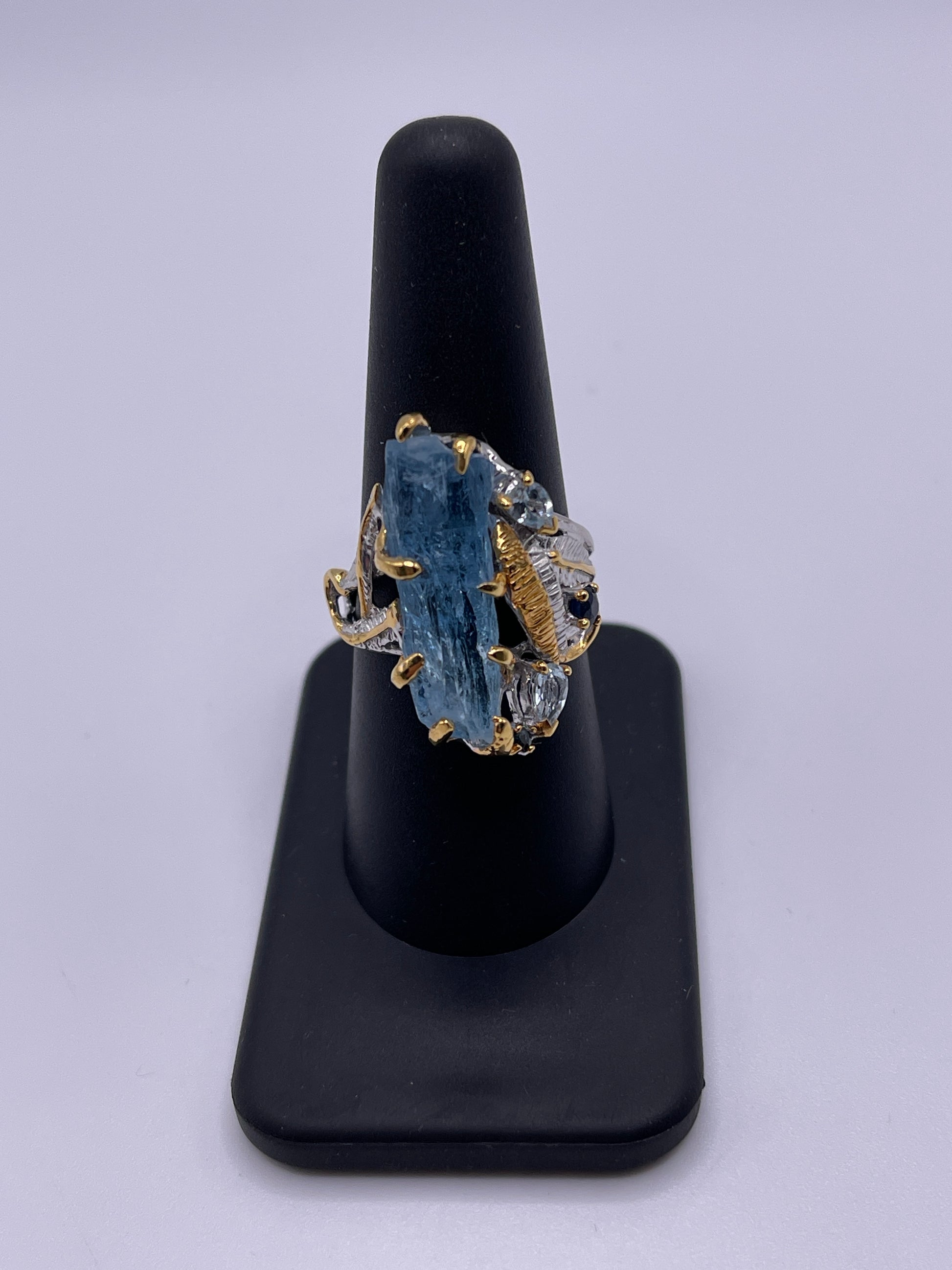 Aquamarine Rough Free Form with Blue Topaz and Blue Sapphire Designer Sterling Silver Vermeil Ring Sz 8
