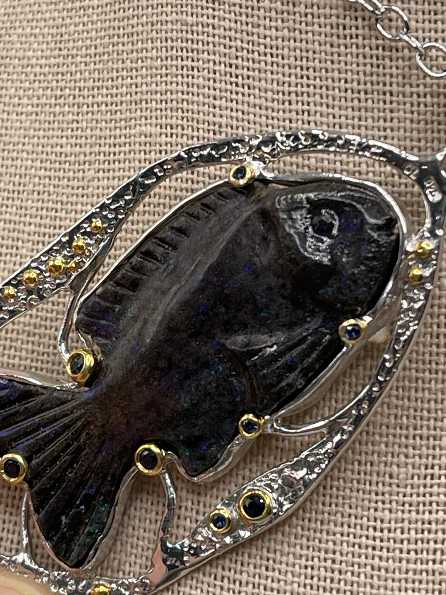 Andamooka Matrix Opal Fish with Blue Sapphire Sterling Silver Necklace