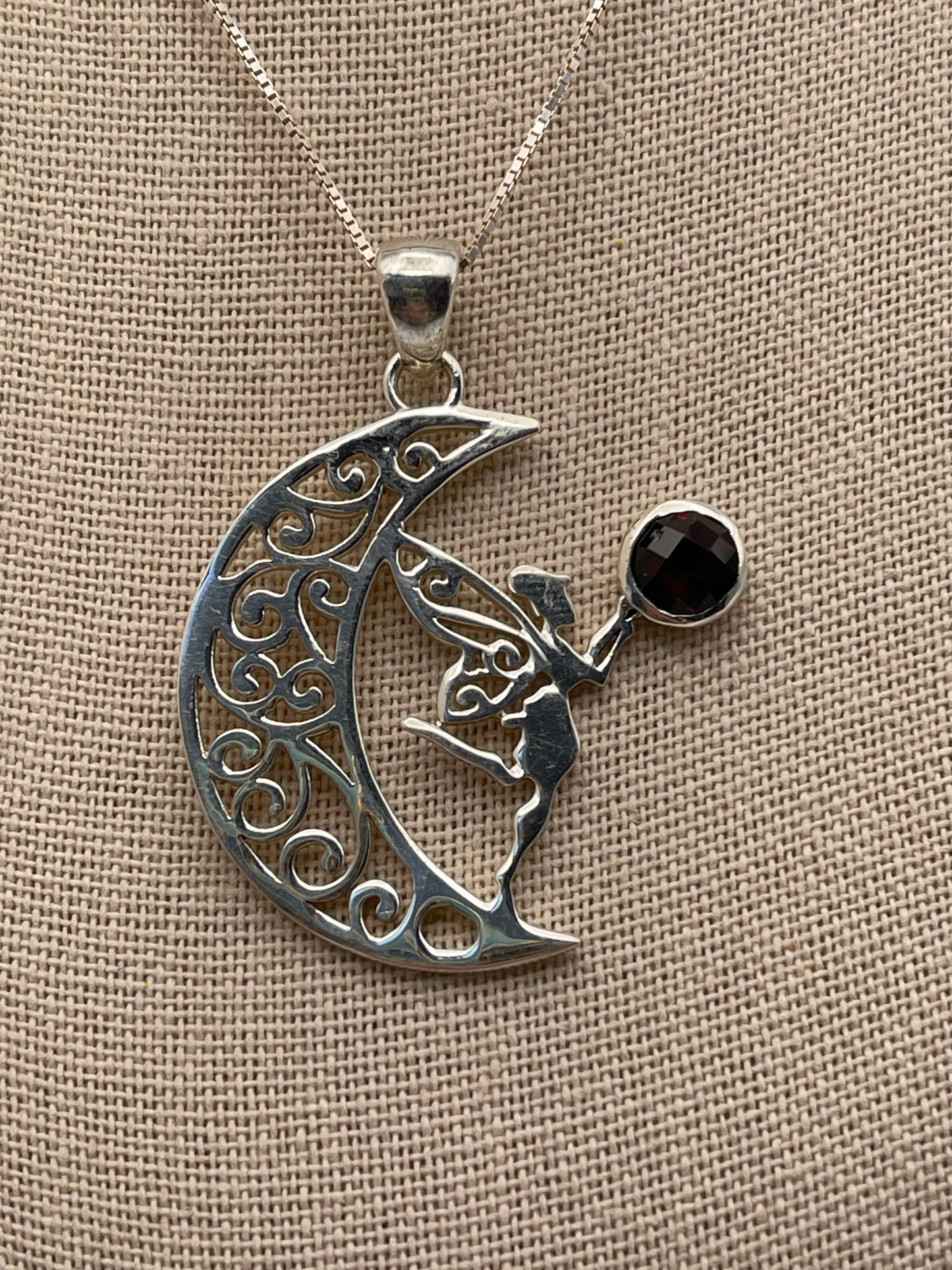 Garnet Fairy on the Moon Sterling Silver Pendant