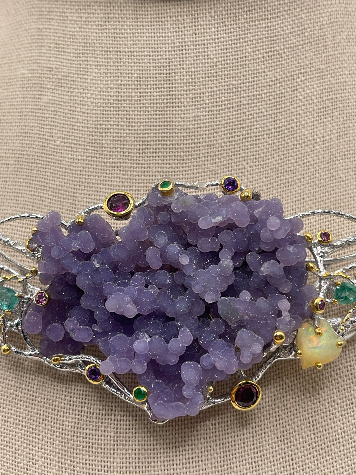 Manakara Grape Druzy, Carved Ethiopian Opal, Emerald, Rhodolite, and Amethyst Queen Statement Sterling Silver Necklace