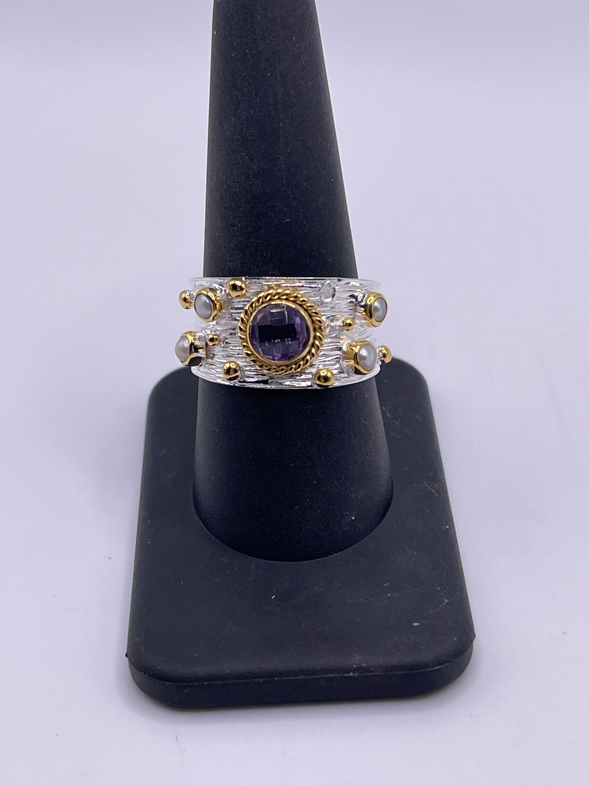 Amethyst Pearl Sterling Silver Vermeil Band Size 9