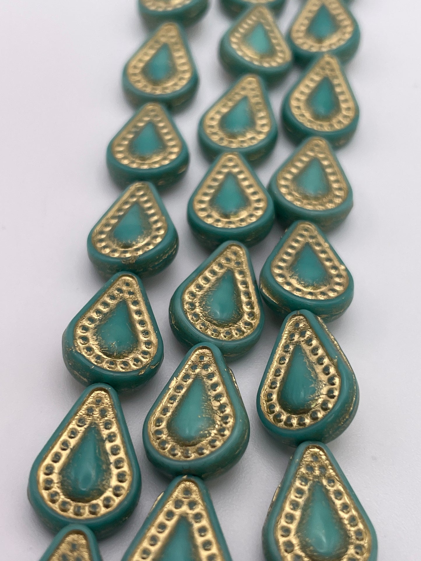 8mm Gold & Teal Teardrop Czech Bead Strand