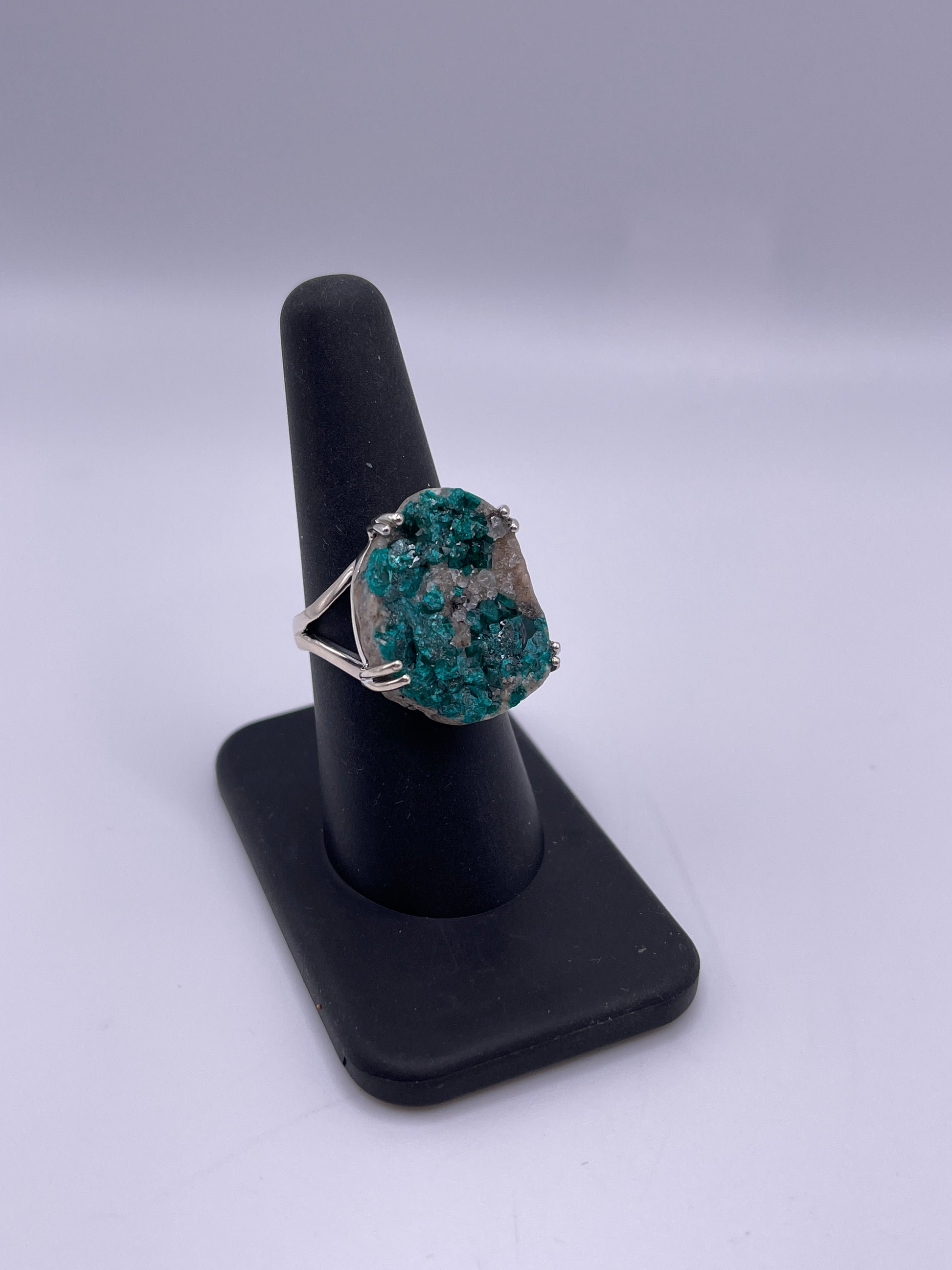 Dioptase Druzy Prong Sterling Silver Ring Size 8