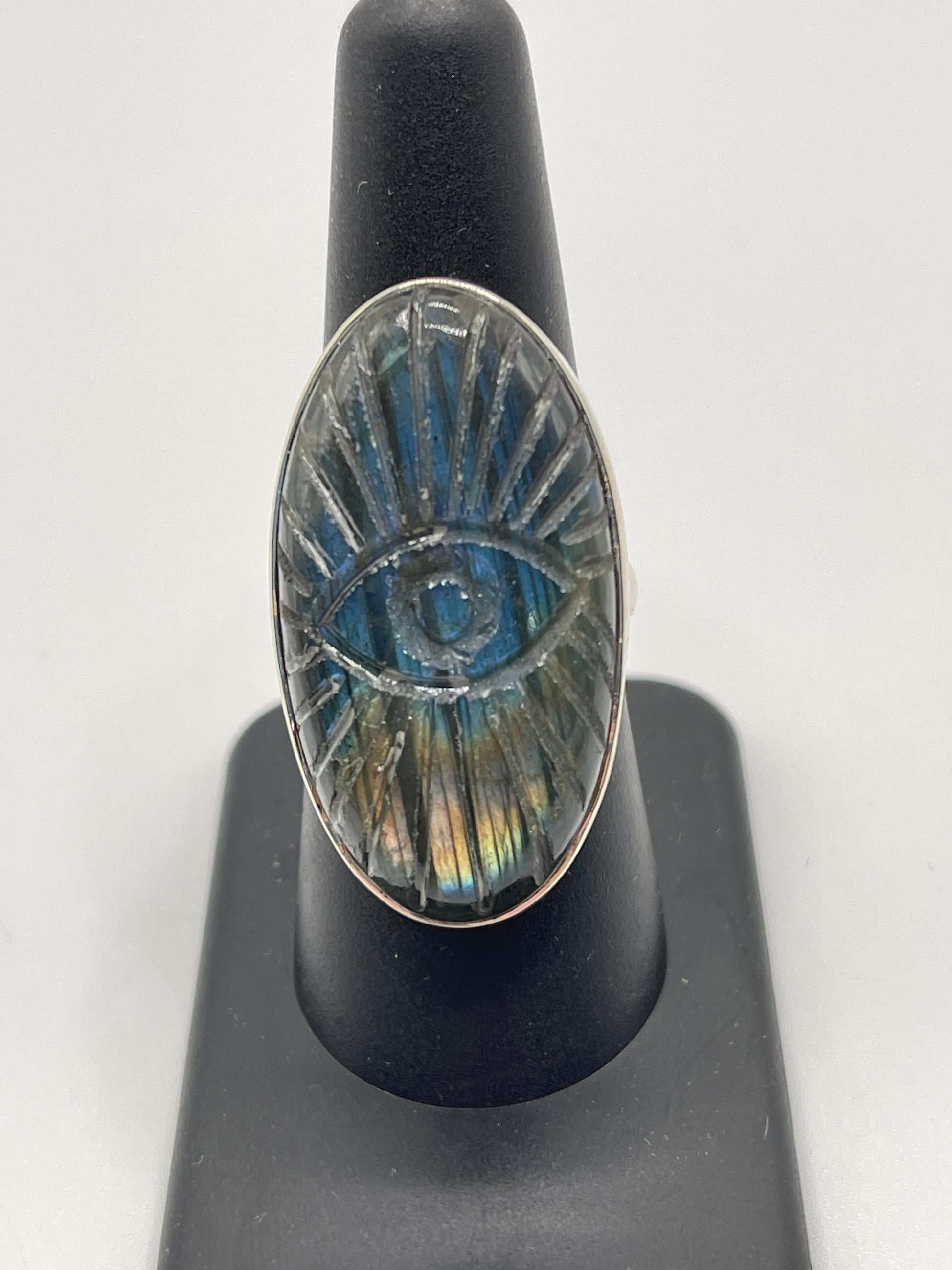 Labradorite Carved Eye Sterling Silver Oval Ring