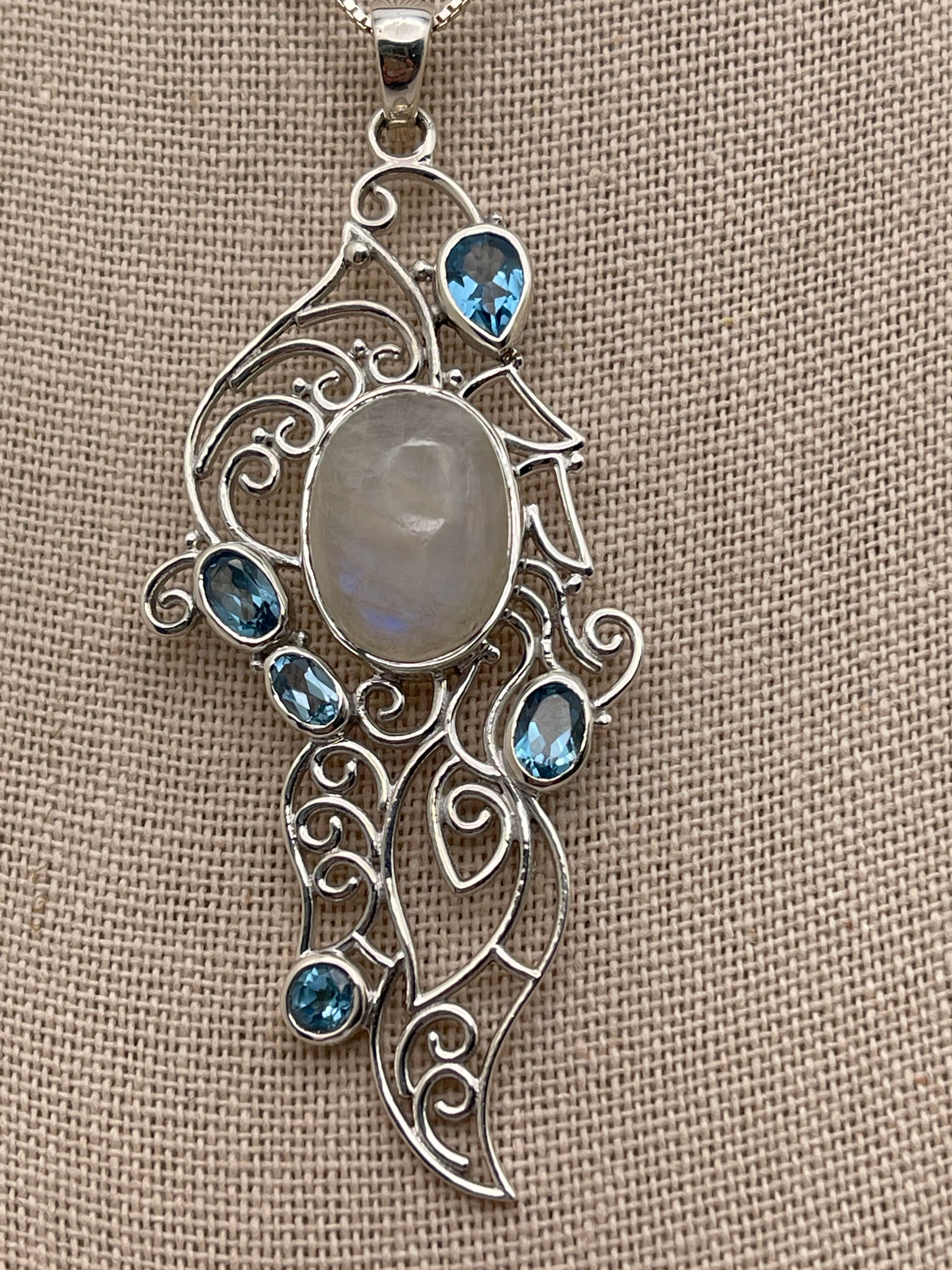 Moonstone and Blue Topaz Ornate Sterling Silver Pendant