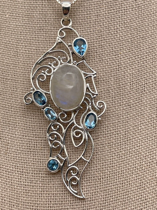 Moonstone and Blue Topaz Ornate Sterling Silver Pendant