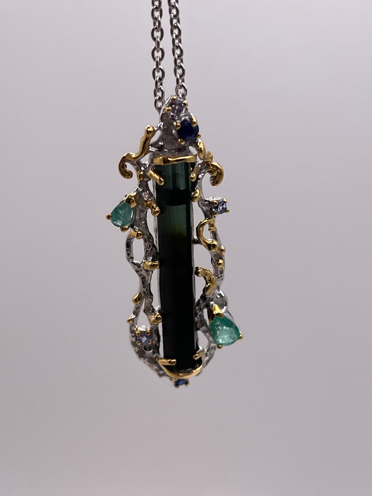 Green Tourmaline Stick with Emerald, Tanzanite and Blue Sapphire Sterling Silver Necklace
