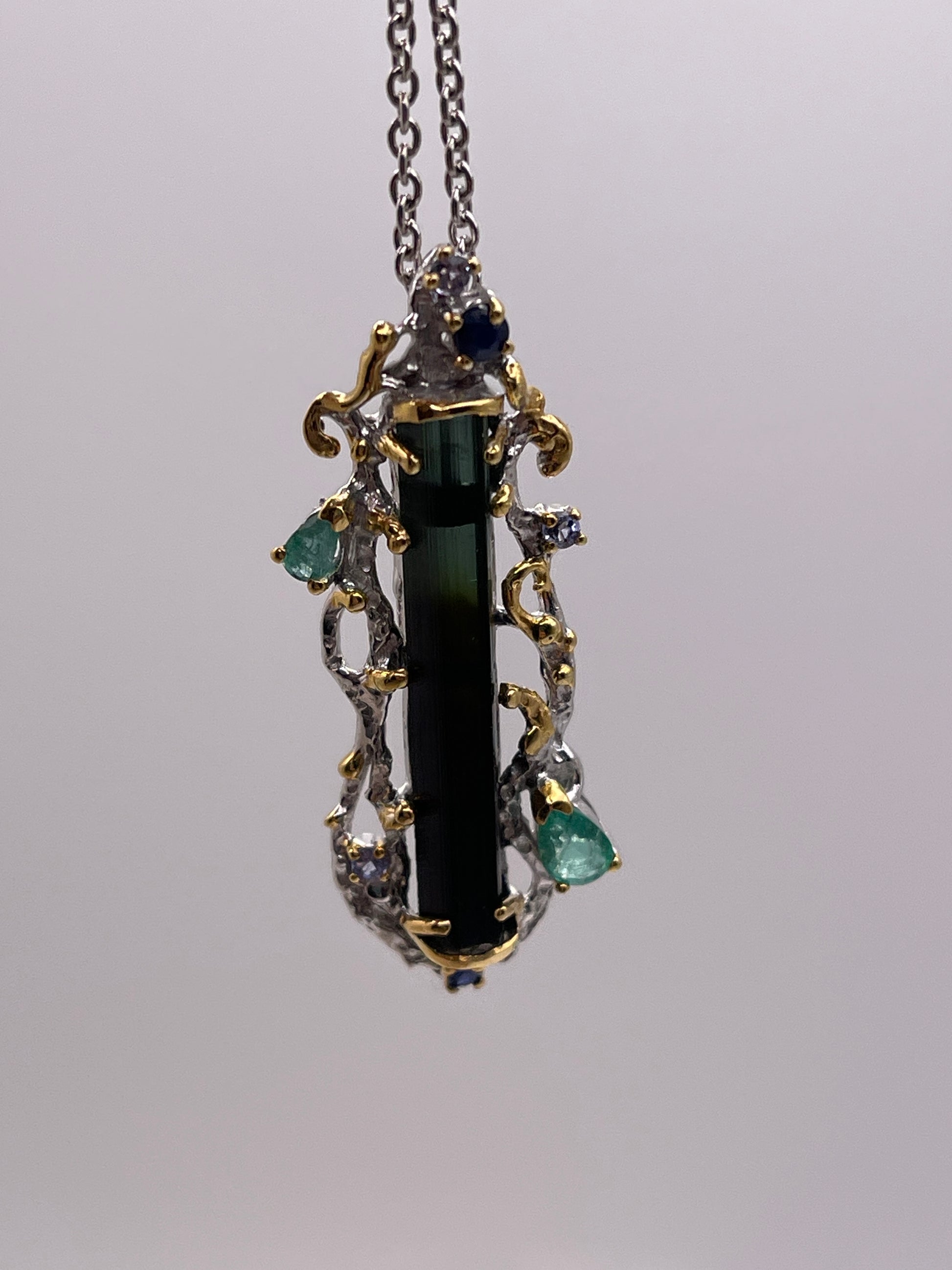 Green Tourmaline Stick with Emerald, Tanzanite and Blue Sapphire Sterling Silver Necklace