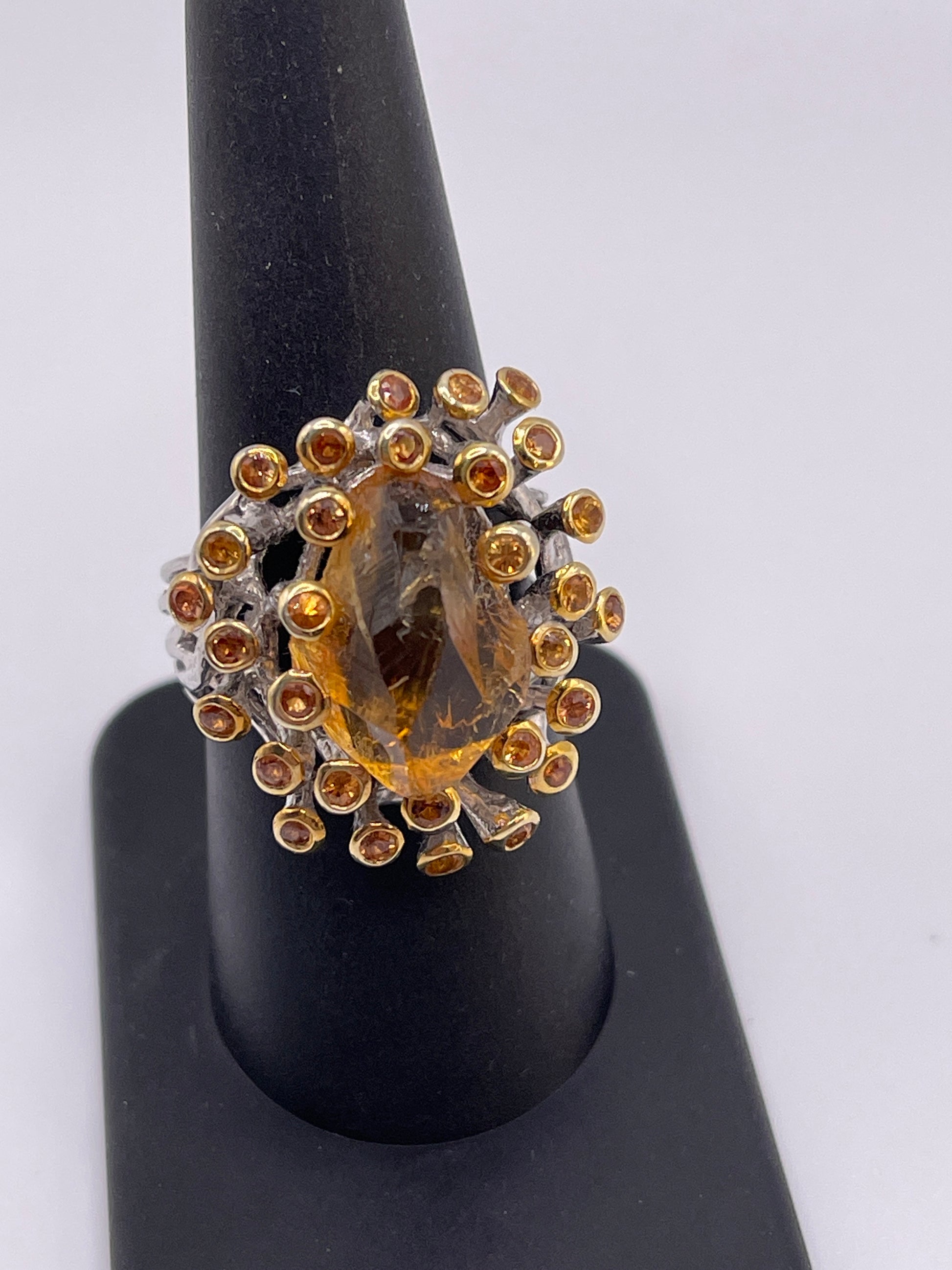 Rough Citrine with Sapphires Sterling Silver Rhodium Ring Size 8