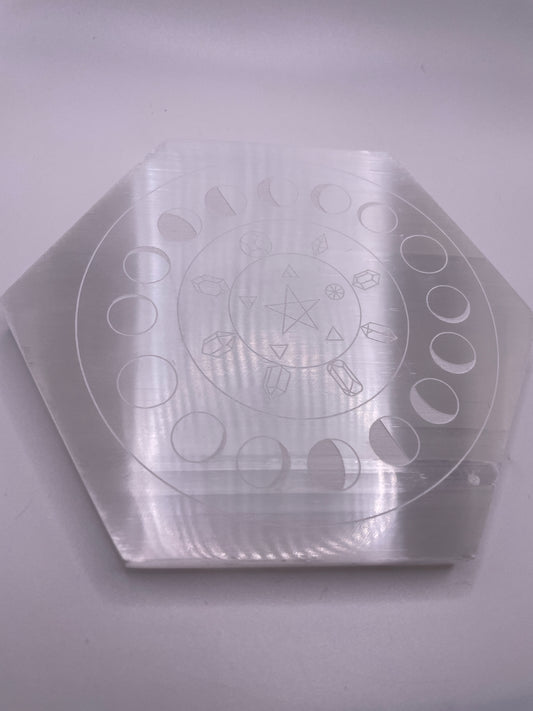 5” Hexagonal selenite Charging Plate With Pentacle Pattern