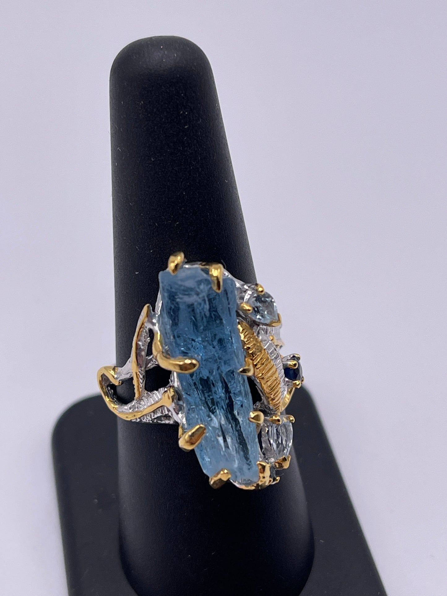 Aquamarine Rough Free Form with Blue Topaz and Blue Sapphire Designer Sterling Silver Vermeil Ring Sz 8