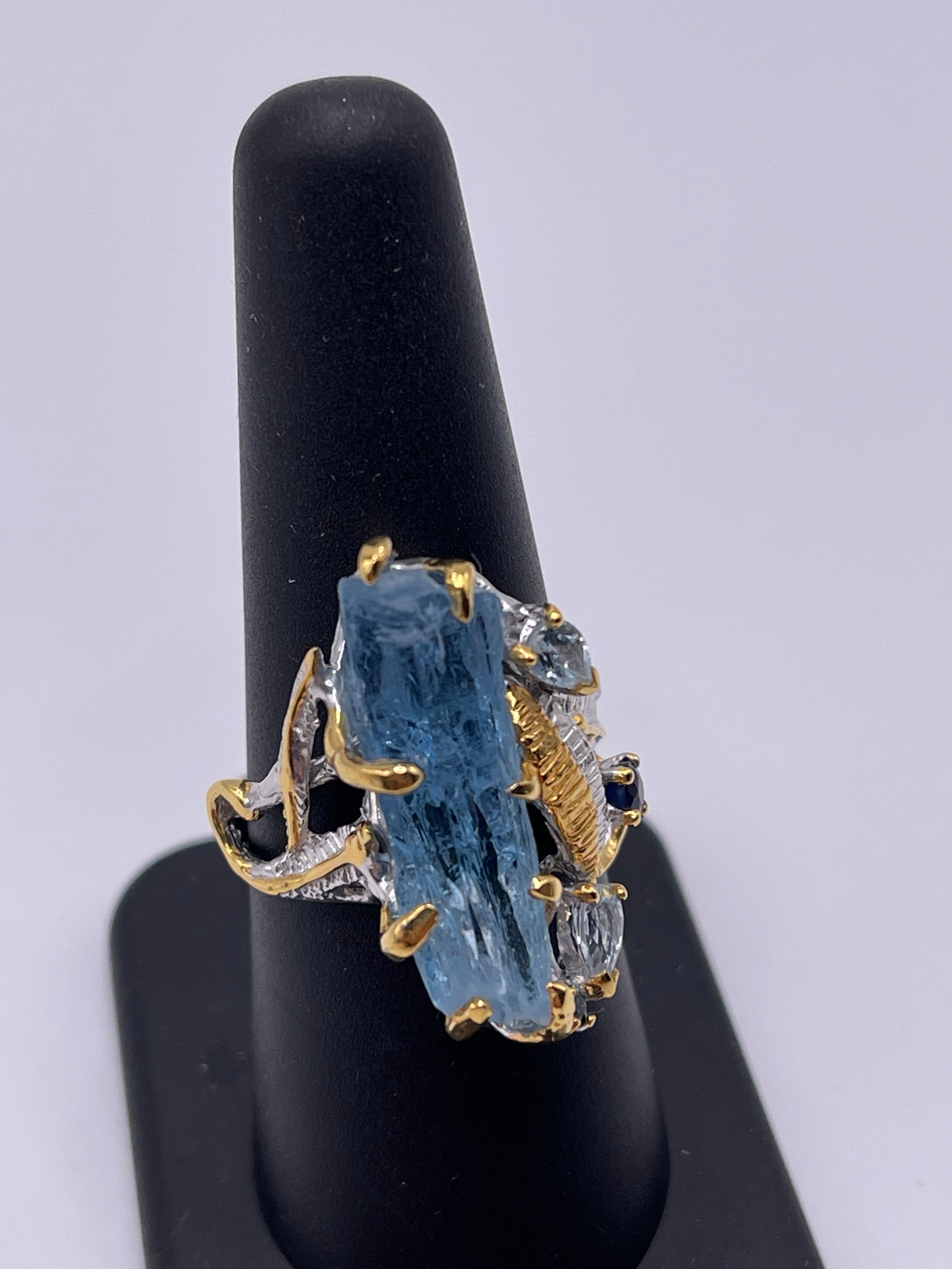 Aquamarine Rough Free Form with Blue Topaz and Blue Sapphire Designer Sterling Silver Vermeil Ring Sz 8