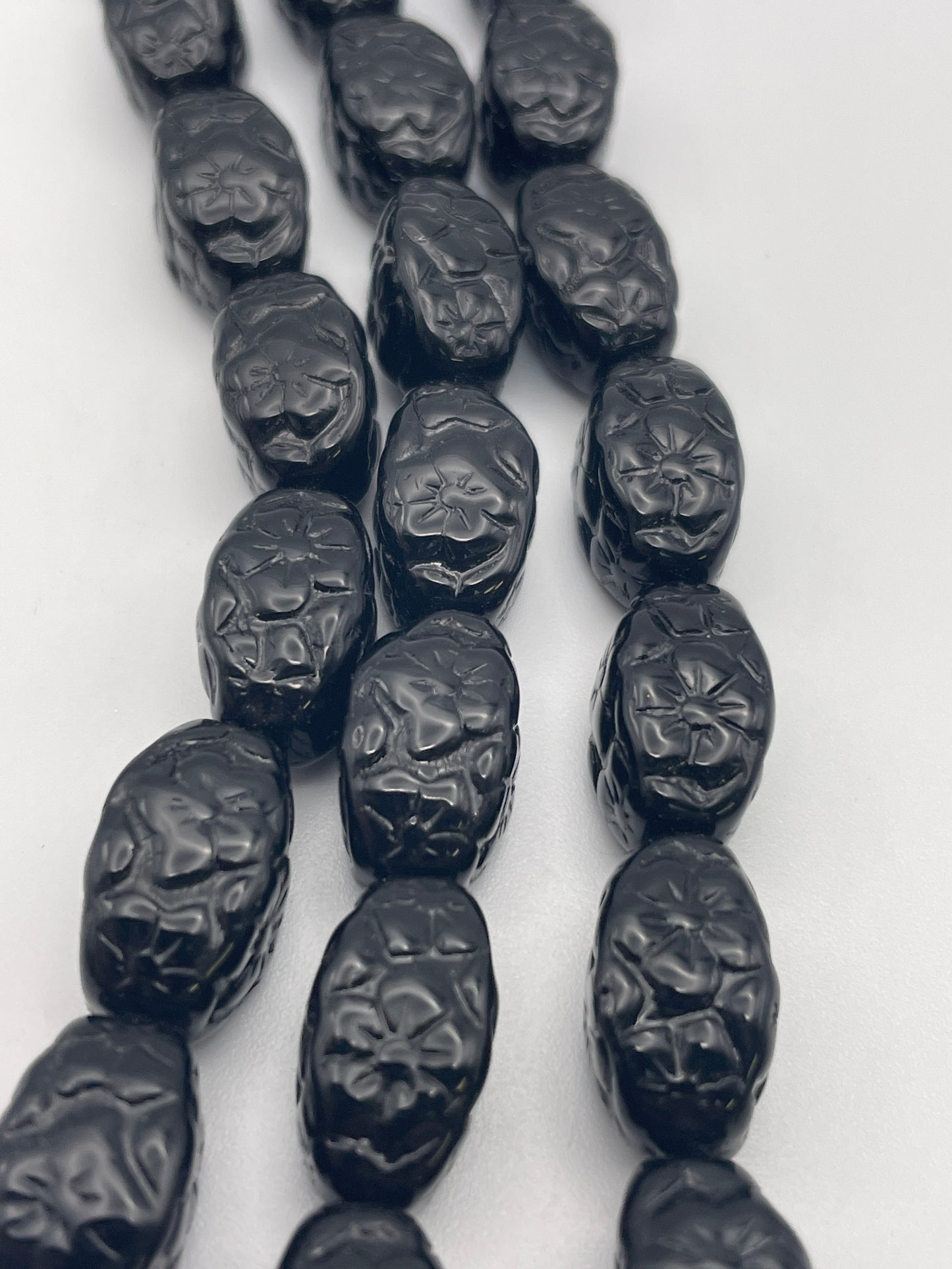 8mm Black Flower Pattern Oval Lantern Czech Bead Strand