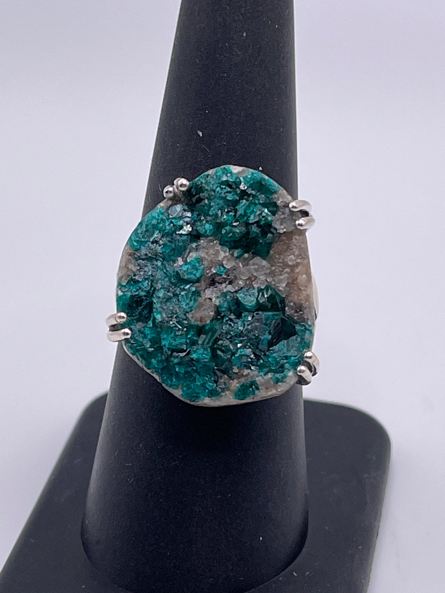 Dioptase Druzy Prong Sterling Silver Ring Size 8