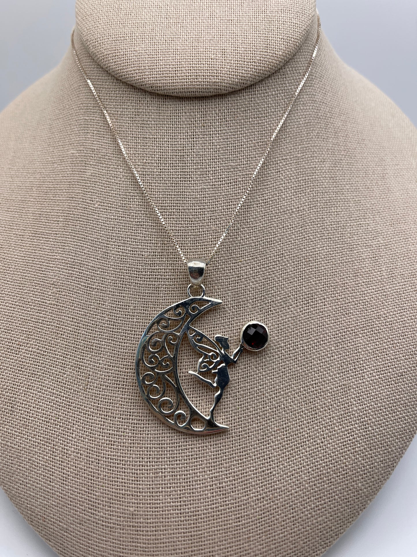 Garnet Fairy on the Moon Sterling Silver Pendant
