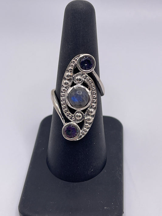 Labradorite Amethyst Dot Sterling Silver Ring Size 7